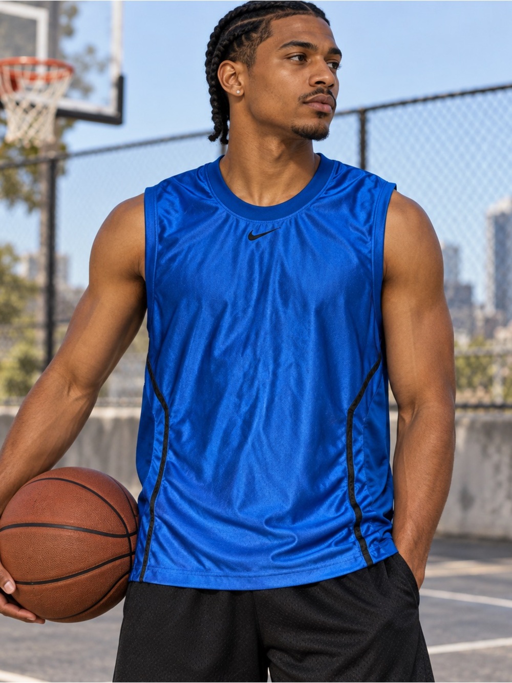 Nike Basketball Jersey Mens Large Blue Center Swoosh Crew Neck Mesh Lined Y2K